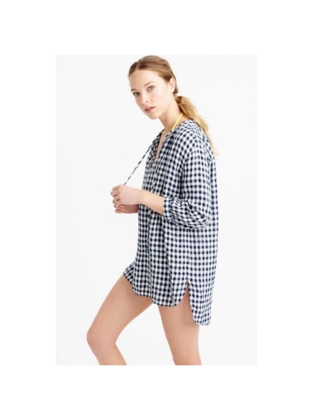 J. Crew Linen Blend Tunic Top Size Medium Navy Blue White Gingham Preppy